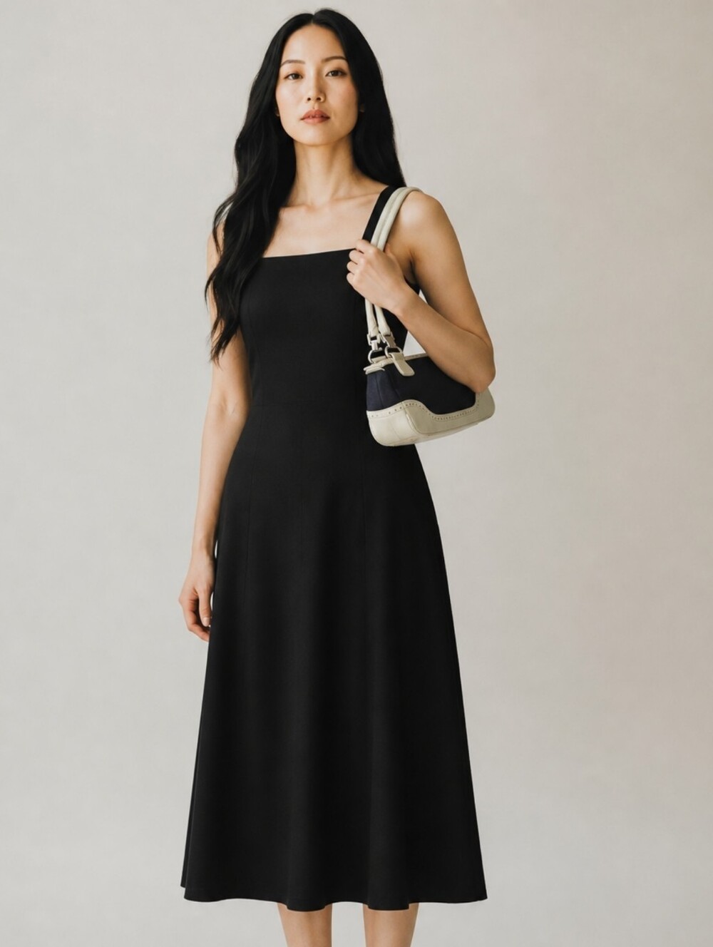 Black Canvas & Off-White Vinyl Shoulder Bag | Y2K Minimalist Zip Top